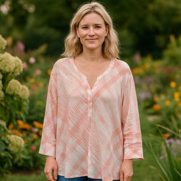 Sundance Plaid Three Quarter Sleeve Tunic Blouse Peasant Cottagecore Boho L - Picture 1 of 10